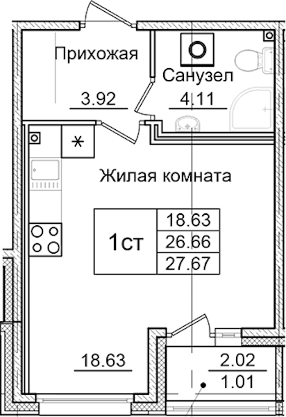 Квартира студия 27.67 м², 1/9 эт., ЖК «Квартал Заречье»
